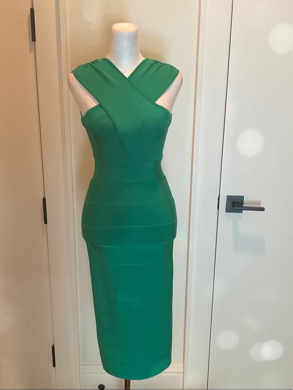Herve Leger Emerald Green Cross-Front Midi Bandage Dress